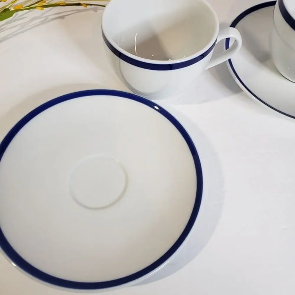 Set of 2 Williams Sonoma Brasserie Blue Trim Flat Coffee Cups & Saucers Japan